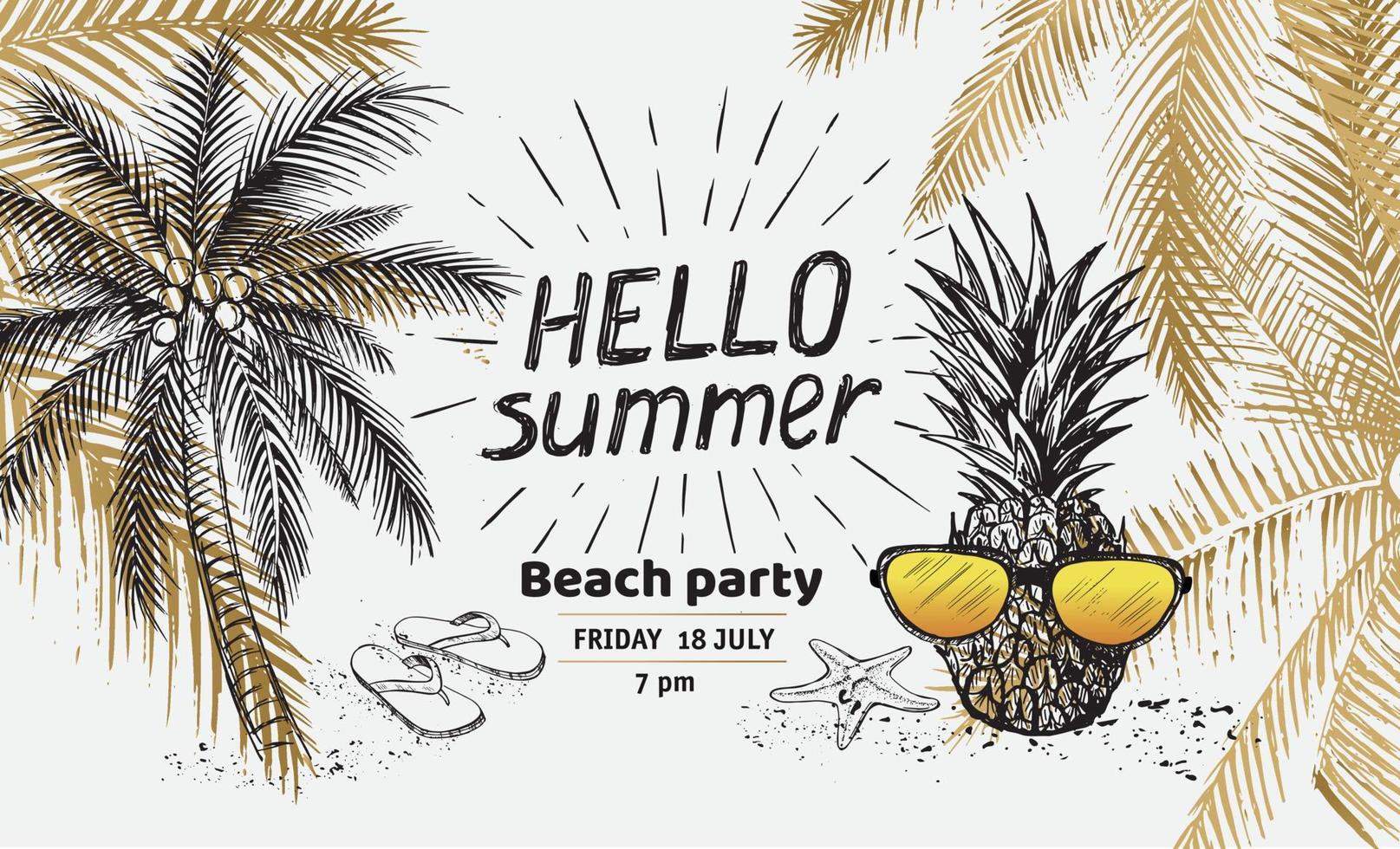 Hello Summer, palm tree, glasses, pineapple. Hand drawn illustration. vector