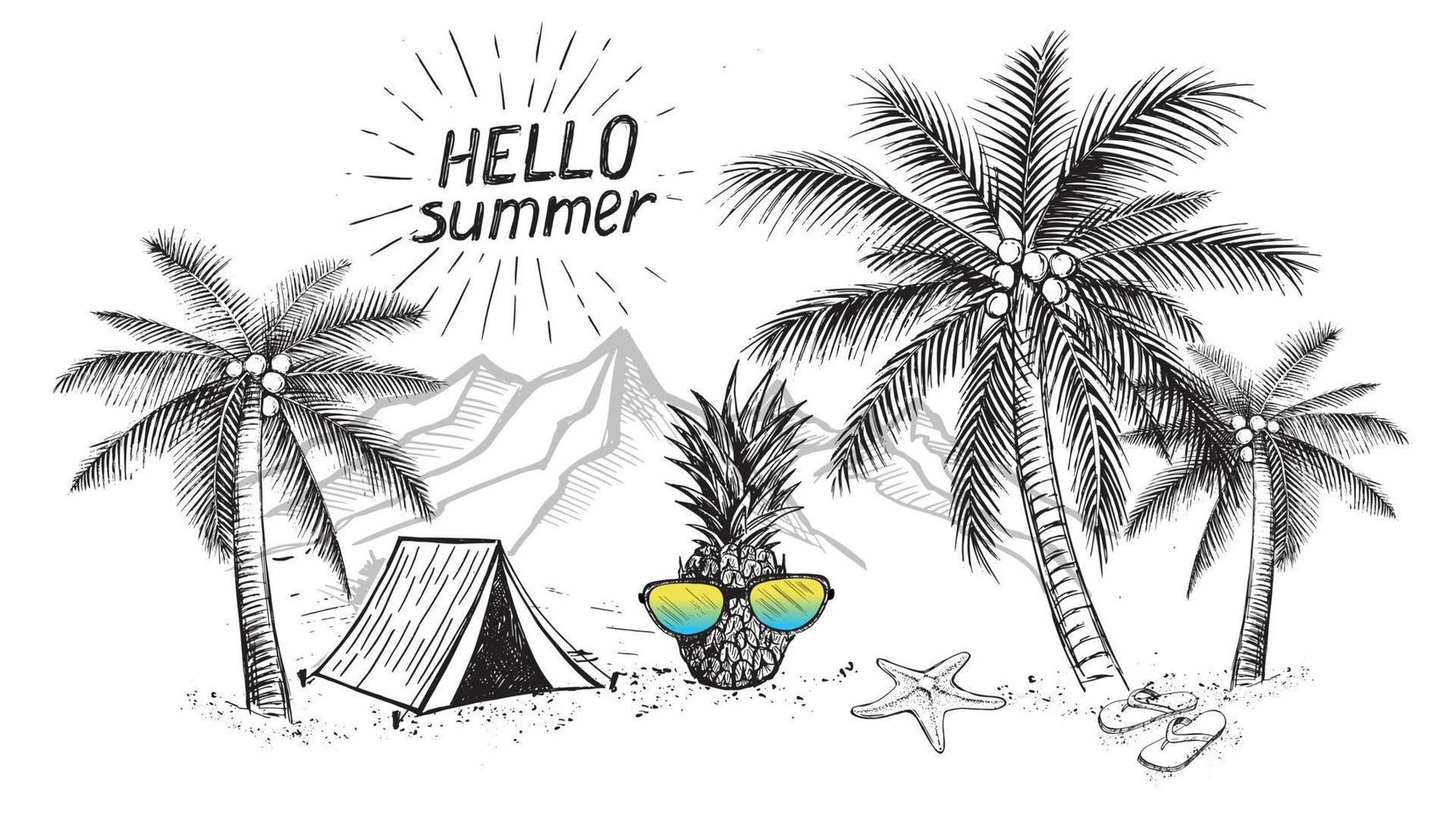 Hello Summer, palm tree, glasses, pineapple. Hand drawn illustration. vector