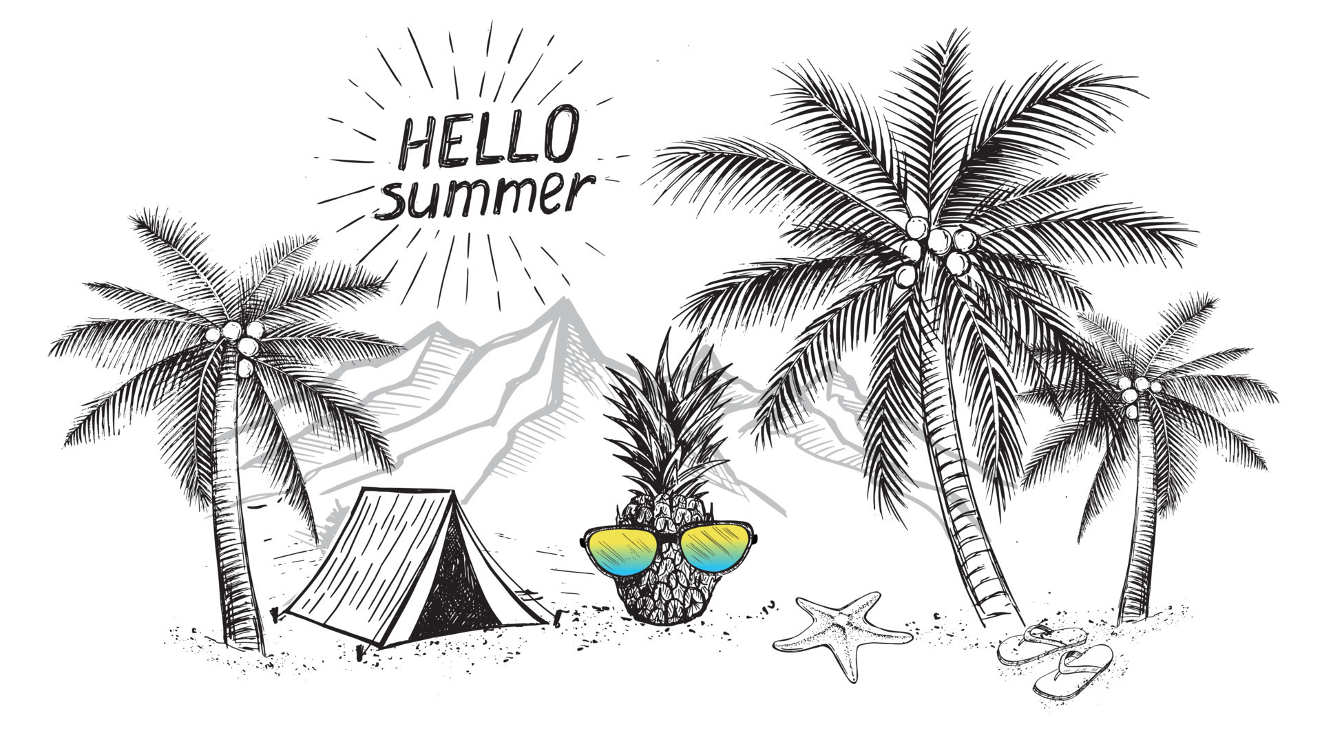 hola verano, palmera, gafas, piña. ilustración dibujada a mano. 7796372