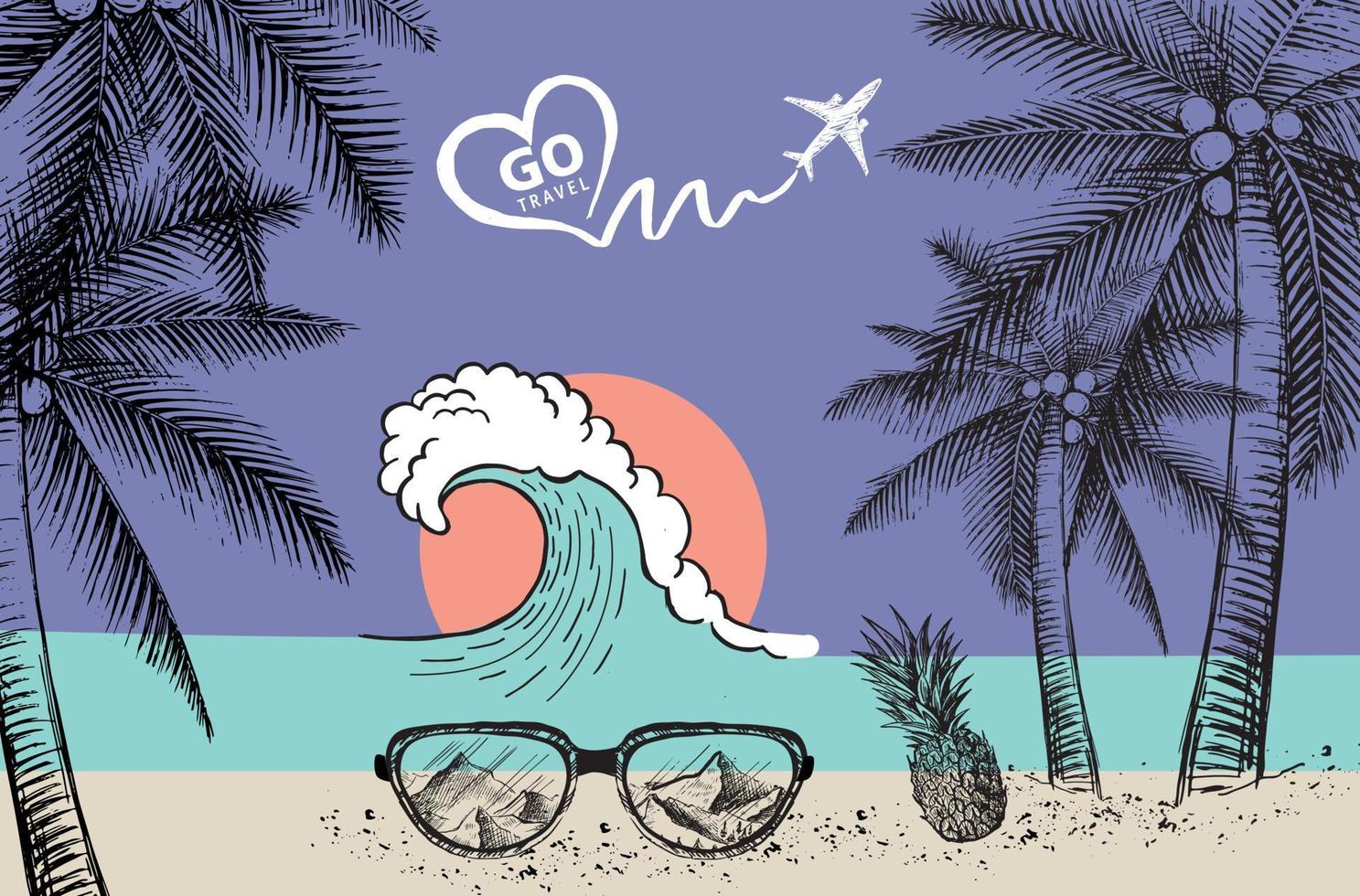 Hello Summer, palm tree, glasses, wave, pineapple. Hand drawn illustration. vector