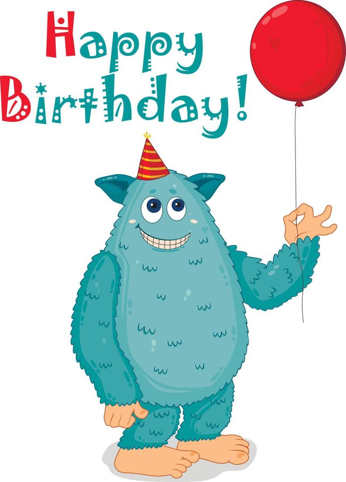 Happy Yeti or Bigfoot Cartoon with red balloon. Vector Illustration. Happy Birthday greeting card