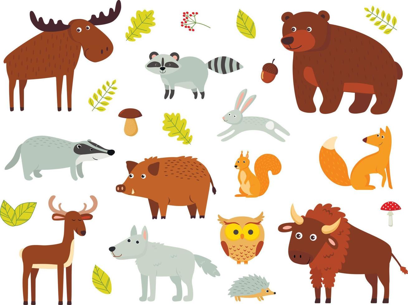 Color vector set of woodland animals isolated background. A moss, a bear, a deer, a bison, a badger, a fox, a hedgehog, an owl, a rabbit, a raccoon, a wolf.