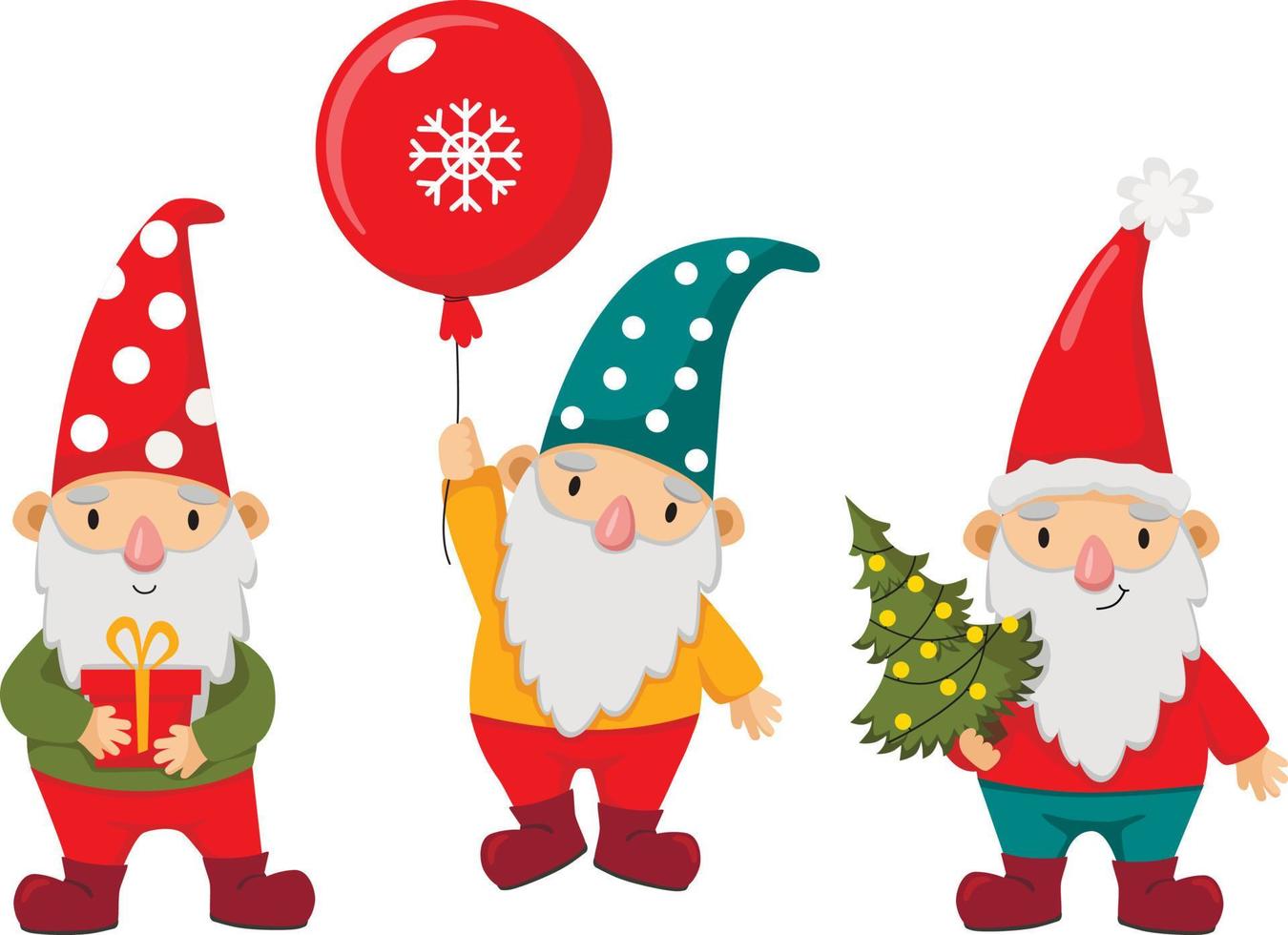 Happy cute little gnomes in winter. Funny bearded garden dwarfs with presents box, Christmas tree, and bauble. Colored flat vector illustration of fairytale characters isolated on white background.