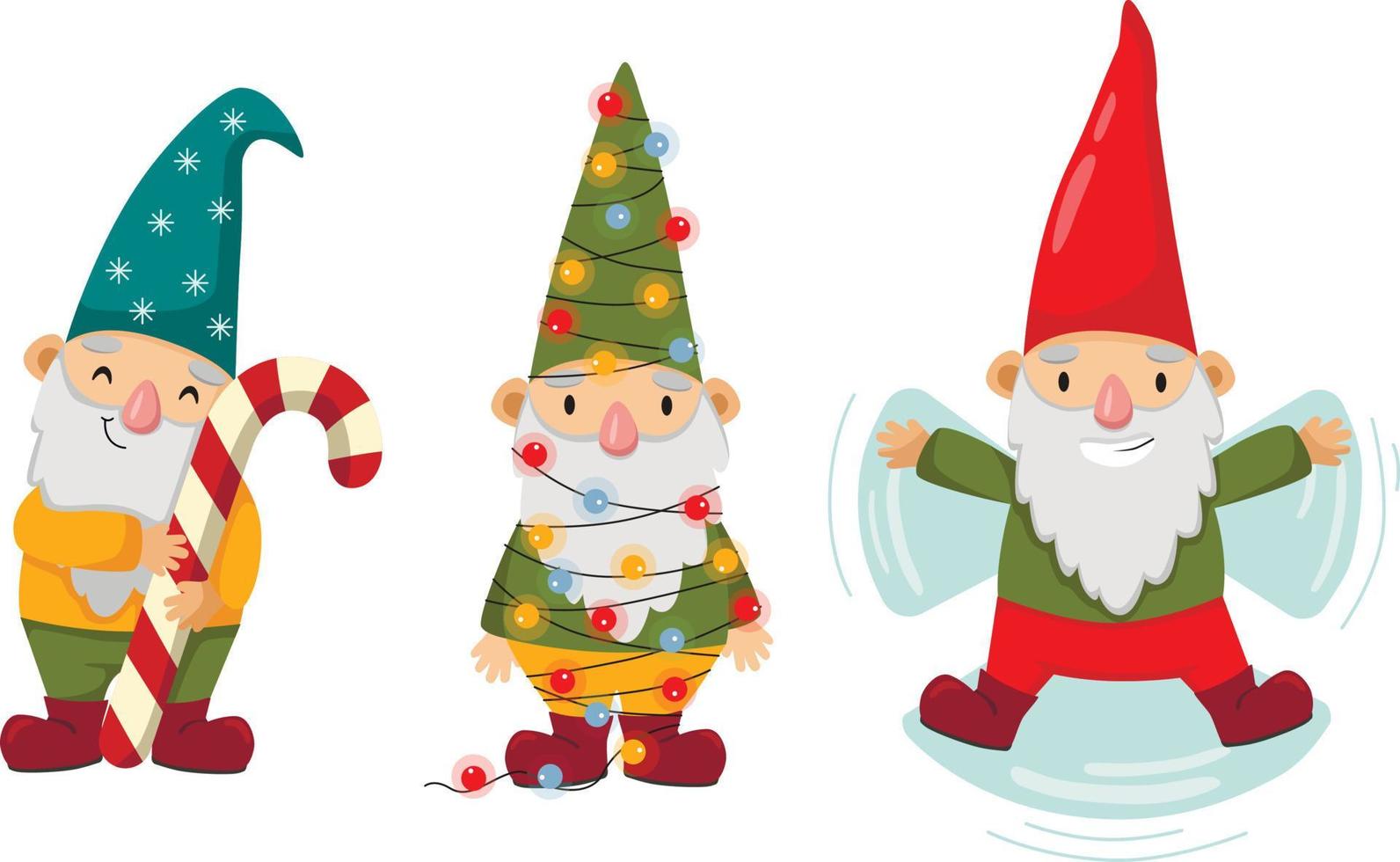 Happy cute little gnomes in winter. Funny bearded garden dwarfs with candy, Christmas lights, and snow. Colored flat vector illustration of fairytale characters isolated on white background.