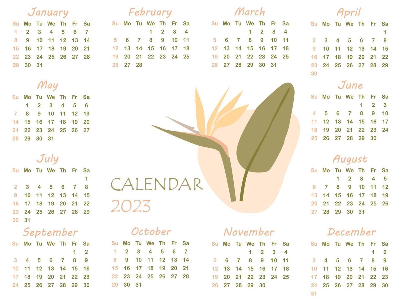 Calendar 2023. Minimalistic calendar with strelitzia flower. Week starts on Sunday, vector illustration.