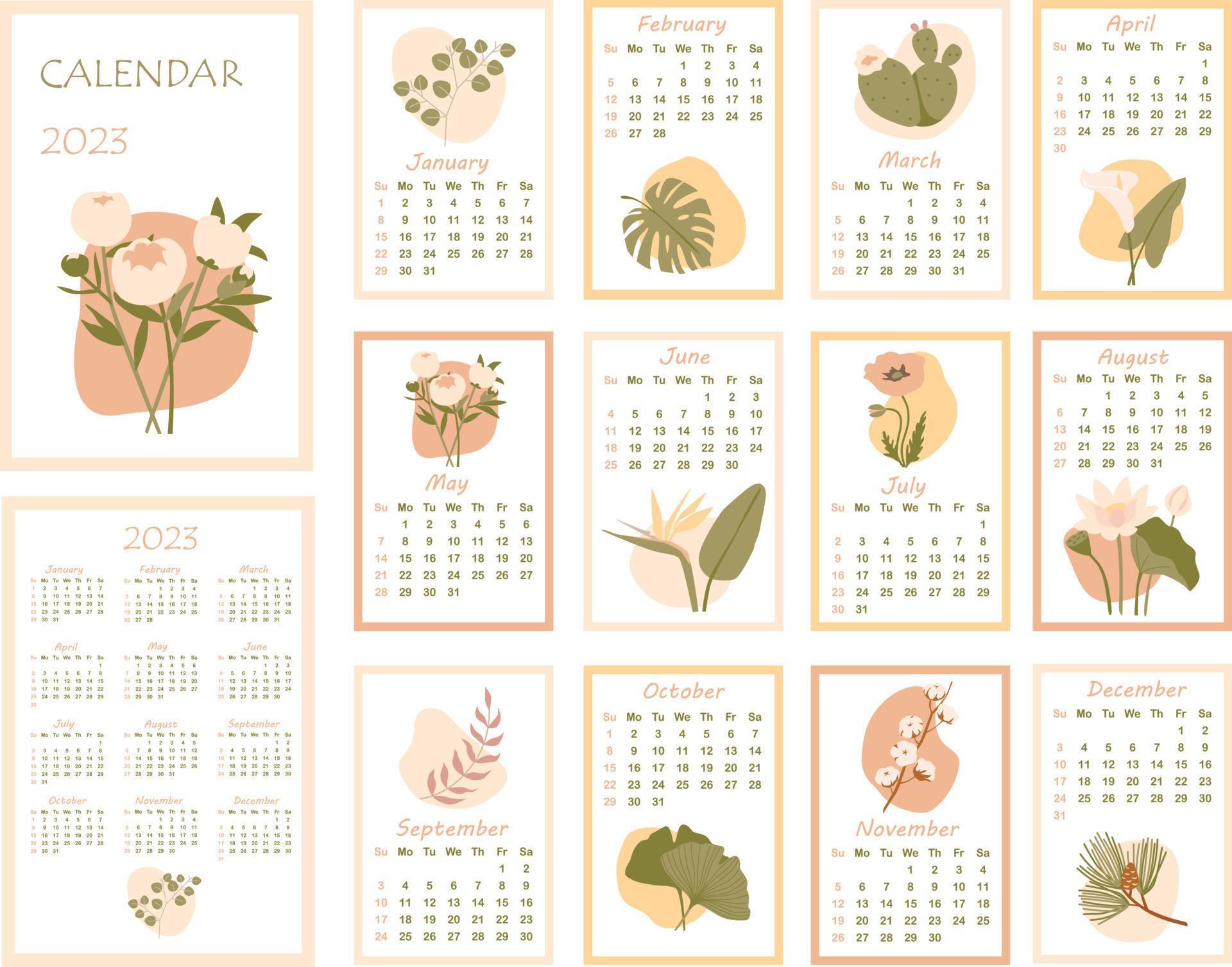 calendario 2023. calendario mensual minimalista con varias plantas