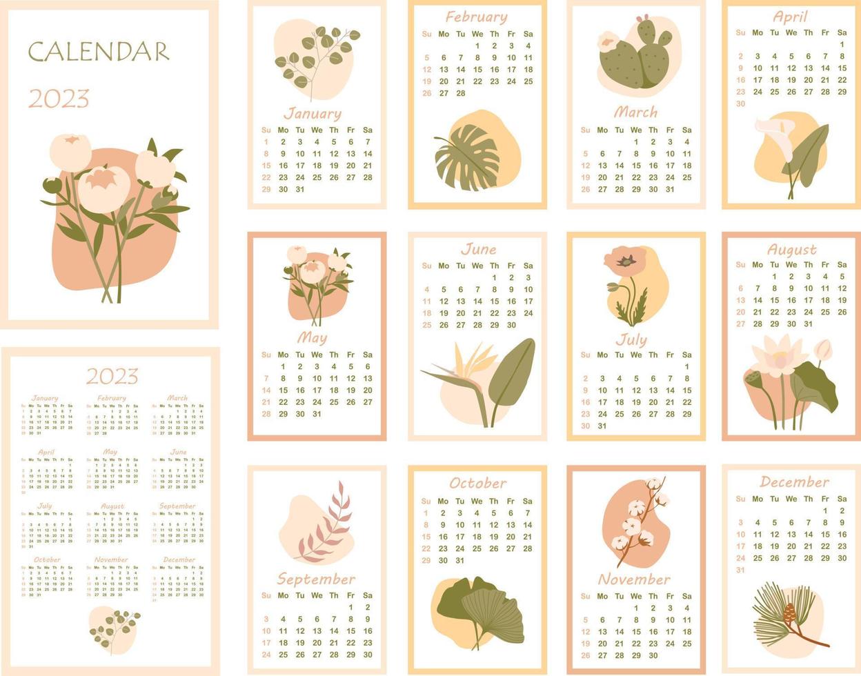 calendario 2023. calendario mensual minimalista con varias plantas. portada y 12 páginas mensuales. la semana comienza el domingo, ilustración vectorial. páginas verticales. vector