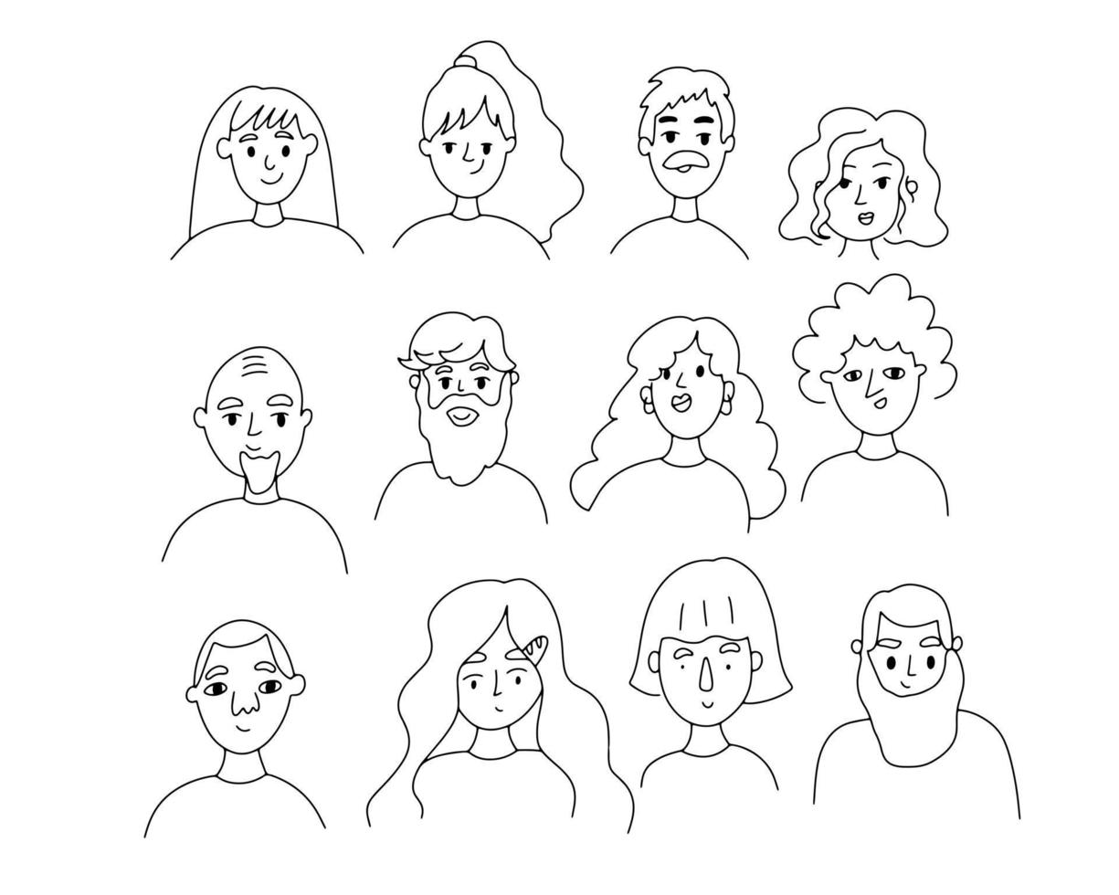 Vector set with people's faces, diversity. Linear illustration