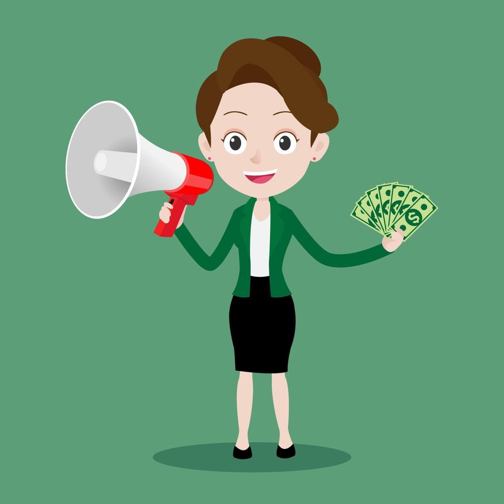 Happy business woman holding a megaphone and showing money dollar banknotes vector