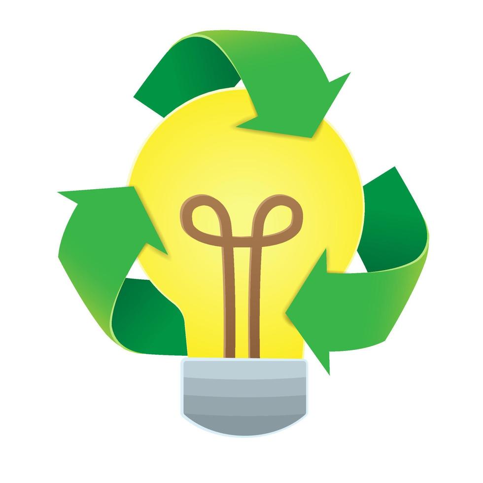 concepto de energía renovable, estilo de arte en papel de la bombilla con tres flechas verdes rodeadas vector