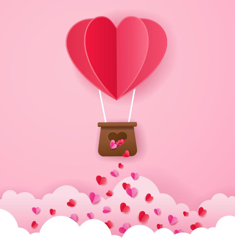Paper art style of red heart shaped hot air balloon flying to the pink sky through the clouds vector