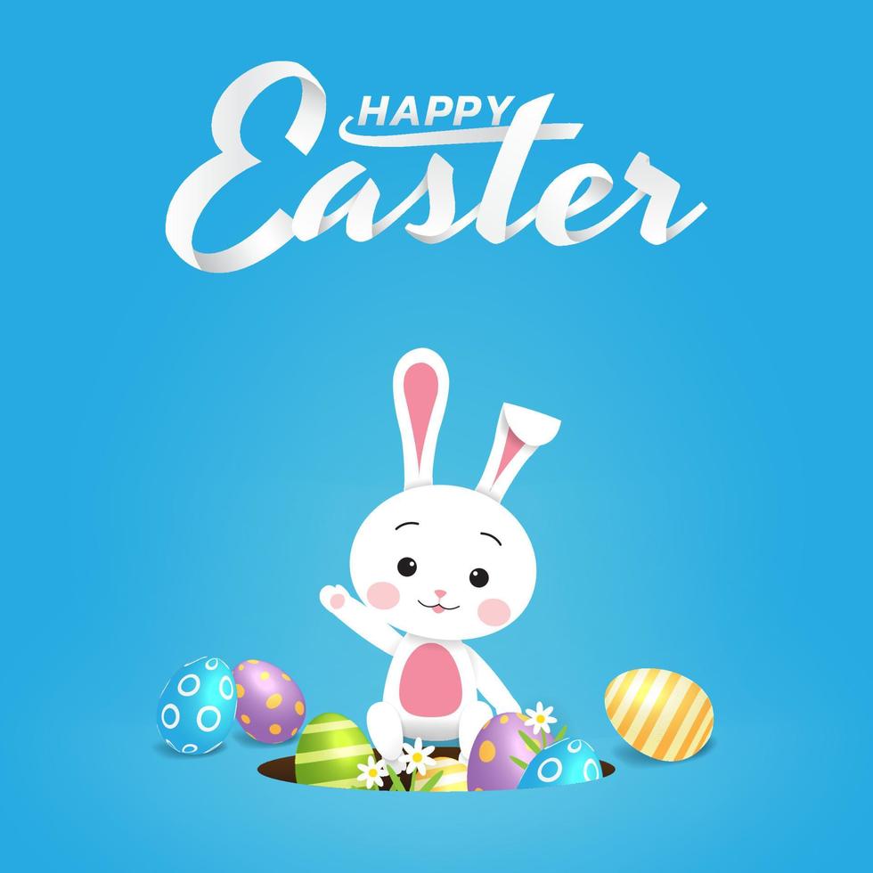 Happy Easter day concept, Cute white rabbit pops out of the hole, Beautiful painted eggs on blue background vector