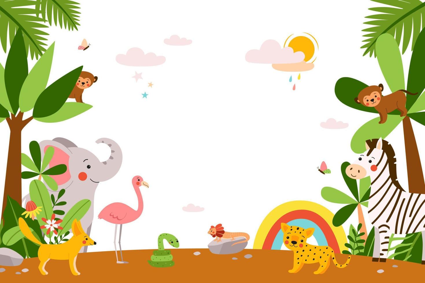 Cute african baby animals on jungle background. Vector funny children's characters - elephant, monkey, zebra, flamingo, leopard in a beautiful blank for banners, posters and diplomas