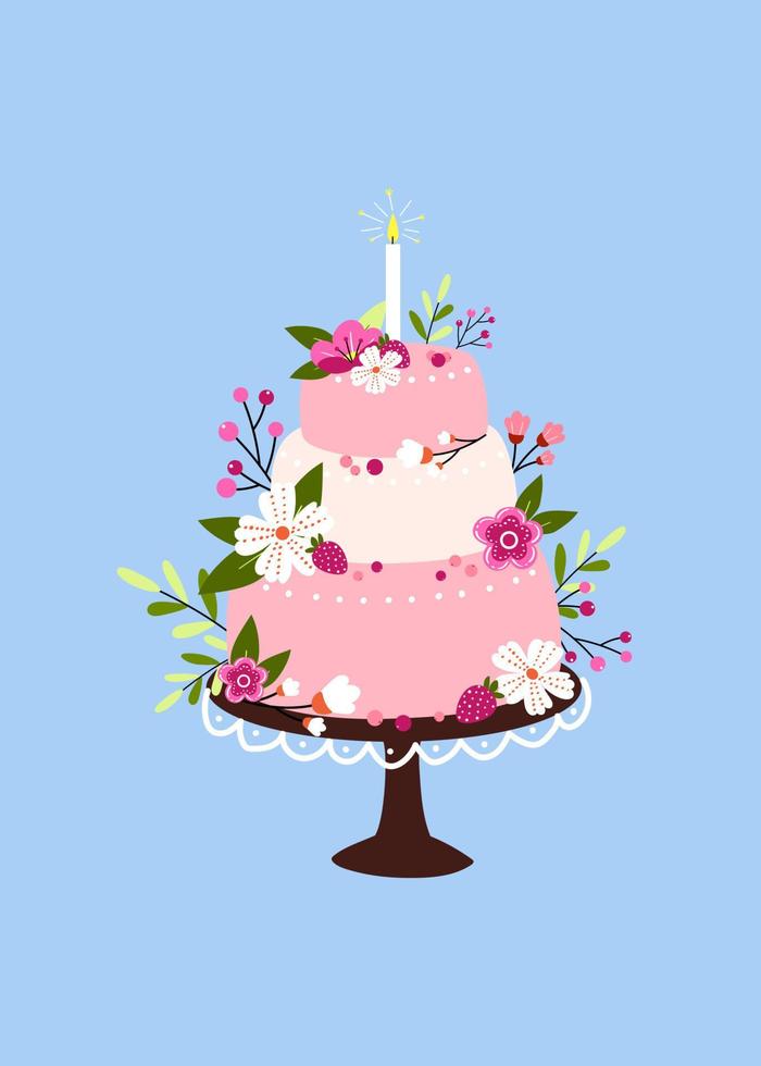 lindo pastel de bodas festivo en un puesto de pasteles dibujado a mano en estilo garabato. tarjeta de cumpleaños decorativa divertida con fondo azul y pastelería sabrosa vector