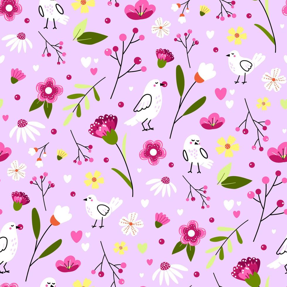 lindo patrón de verano con pájaros y flores en el jardín floreciente. ilustración vectorial con animales dibujados a mano y elementos decorativos florales para niños textiles, papel de regalo vector