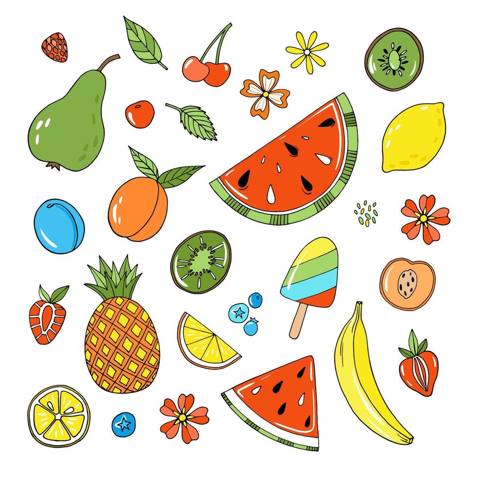 Summer fruits set - watermelon, pineapple, banana, pear, apricot, plum, citrus lemon, strawberries, cherries and blueberries. Food illustration collection drawn in doodle style on white background vector