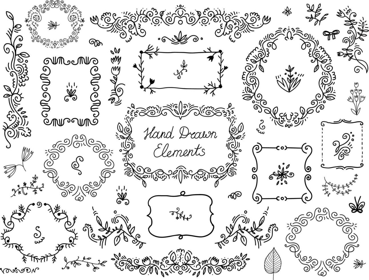 Vector set of hand drawn dividers, floral decor elements, borders, frames.  Doodle design.