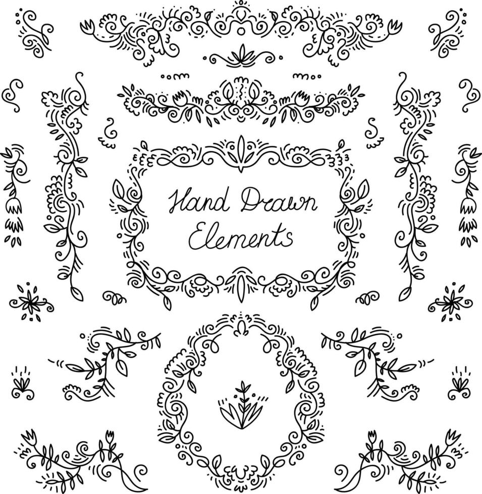 Vector set of hand drawn dividers, floral decor elements, borders, frames.  Doodle design.