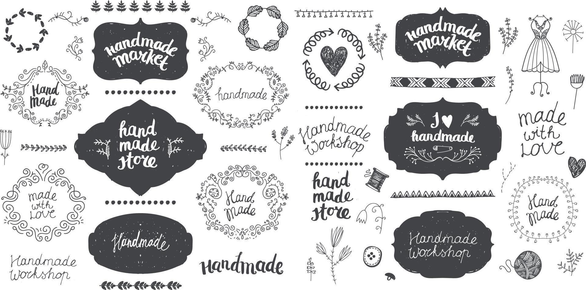 Vector set of hand drawn doodle frames, badges. Handmade, workshop, hand made shop graphic design set. Arts and crafts, sewing elements, icons, logos, badges set isolated, lettering