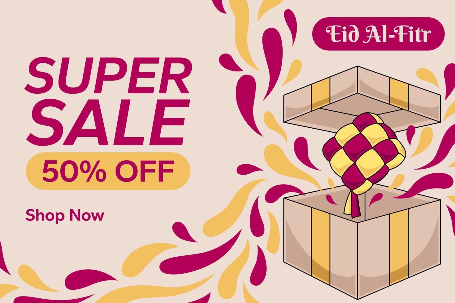 super venta eid mubarak banner ilustración vectorial. ketupat de dibujos animados saliendo de un regalo vector