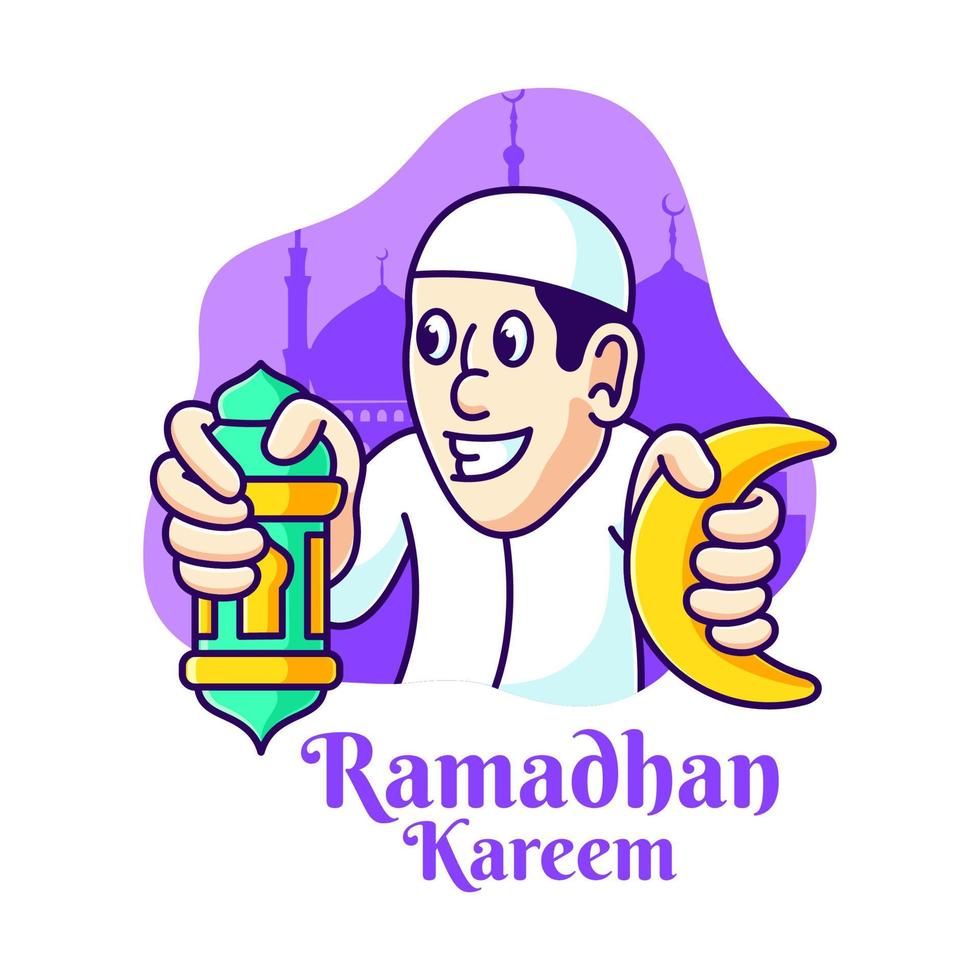 cute person holding moon and lantern vector illustration. ramadan character islamic cartoon