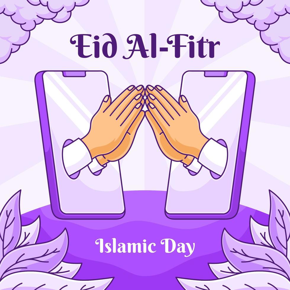 cute eid banner shaking hands online vector illustration. cartoon happy eid banner