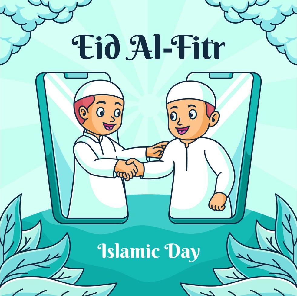lindo eid banner personas dándose la mano en línea ilustración vectorial. dibujos animados feliz eid banner vector
