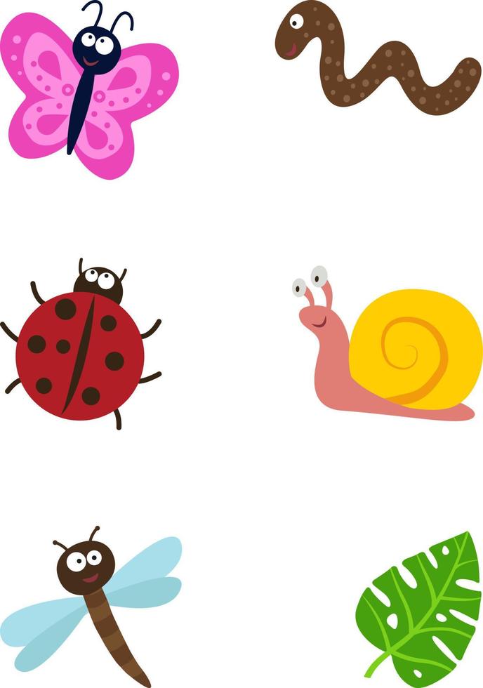 mariposa, mariquita, gusano, caracol y flor conjunto de iconos de insectos. lindos personajes de dibujos animados kawaii. diseño plano fondo blanco vector