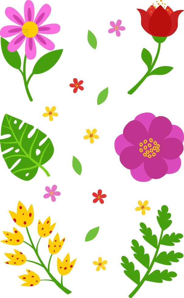 A set of stylized colors highlighted on a white background. Vector flowers in cartoon style, for greetings, weddings, flower design, web design.