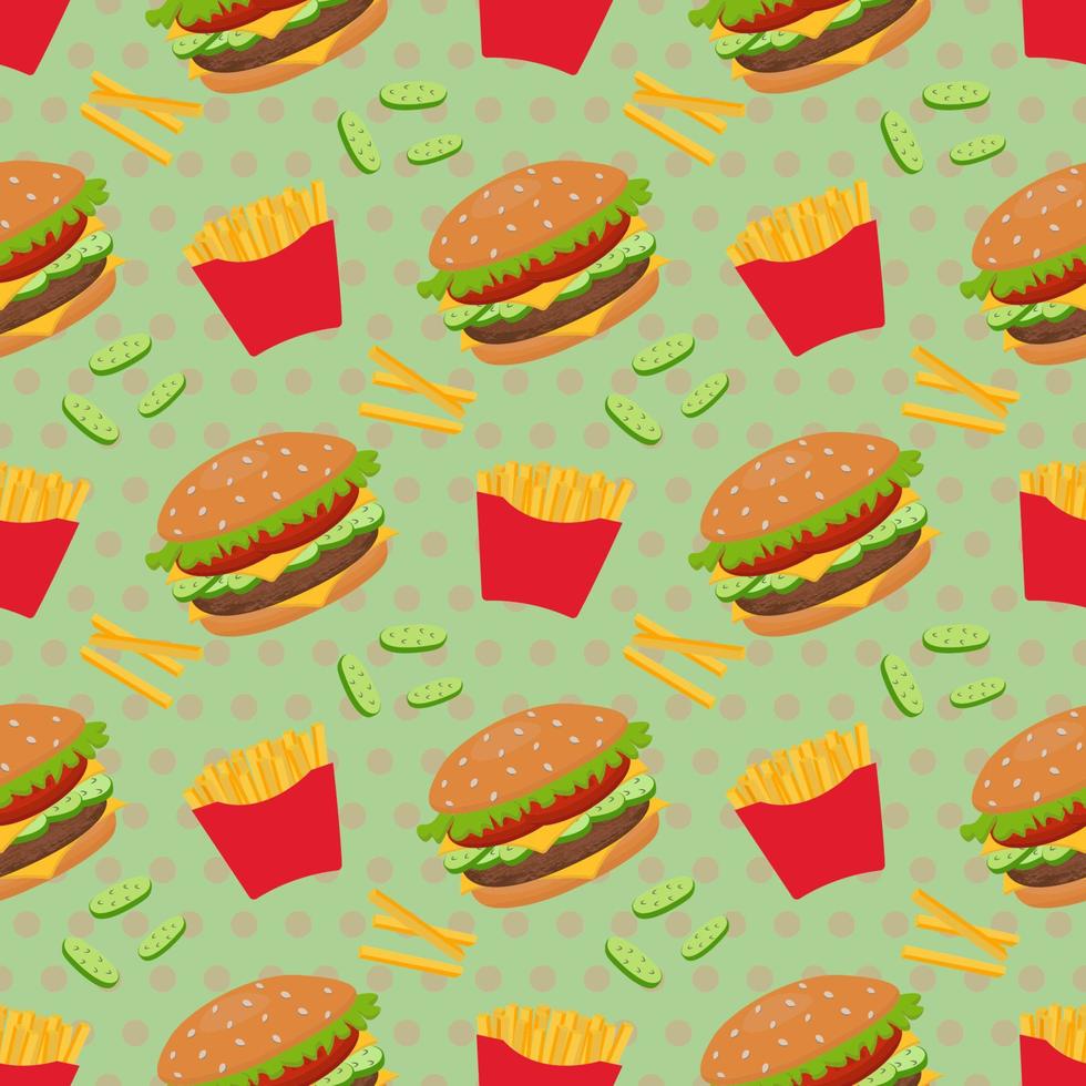 Seamless vector pattern of hamburger and French fries. For printing, wrapping paper, restaurant menus, packaging, books, postcards, magazine covers, web pages, fabrics, textiles, grocery stores.