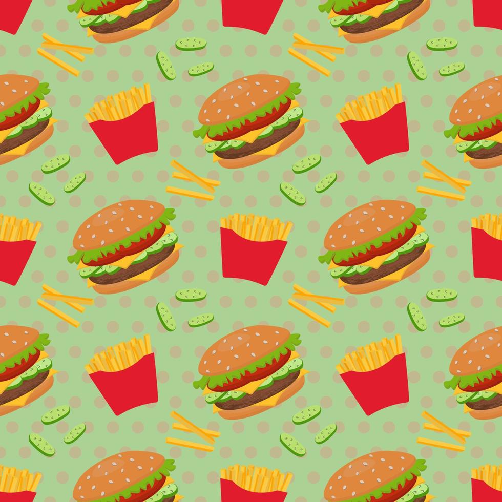 patrón vectorial sin costuras de hamburguesas y papas fritas. para impresión, papel de envolver, menús de restaurantes, empaques, libros, postales, portadas de revistas, páginas web, telas, textiles, tiendas de abarrotes. vector