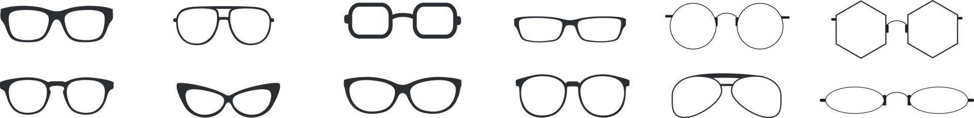 borde de gafas negras. ilustración de vector de colección de anteojos y gafas de sol. silueta de borde de gafas de estilo vintage, clásico y moderno. elegante conjunto aislado de accesorios ópticos masculinos y femeninos
