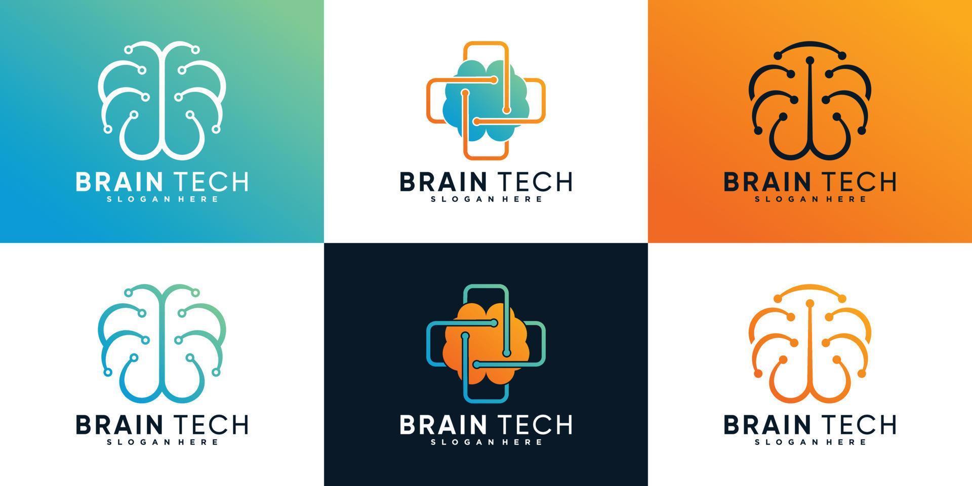 Set of collection brain tech connection logo design illustration with simple concept Premium Vector