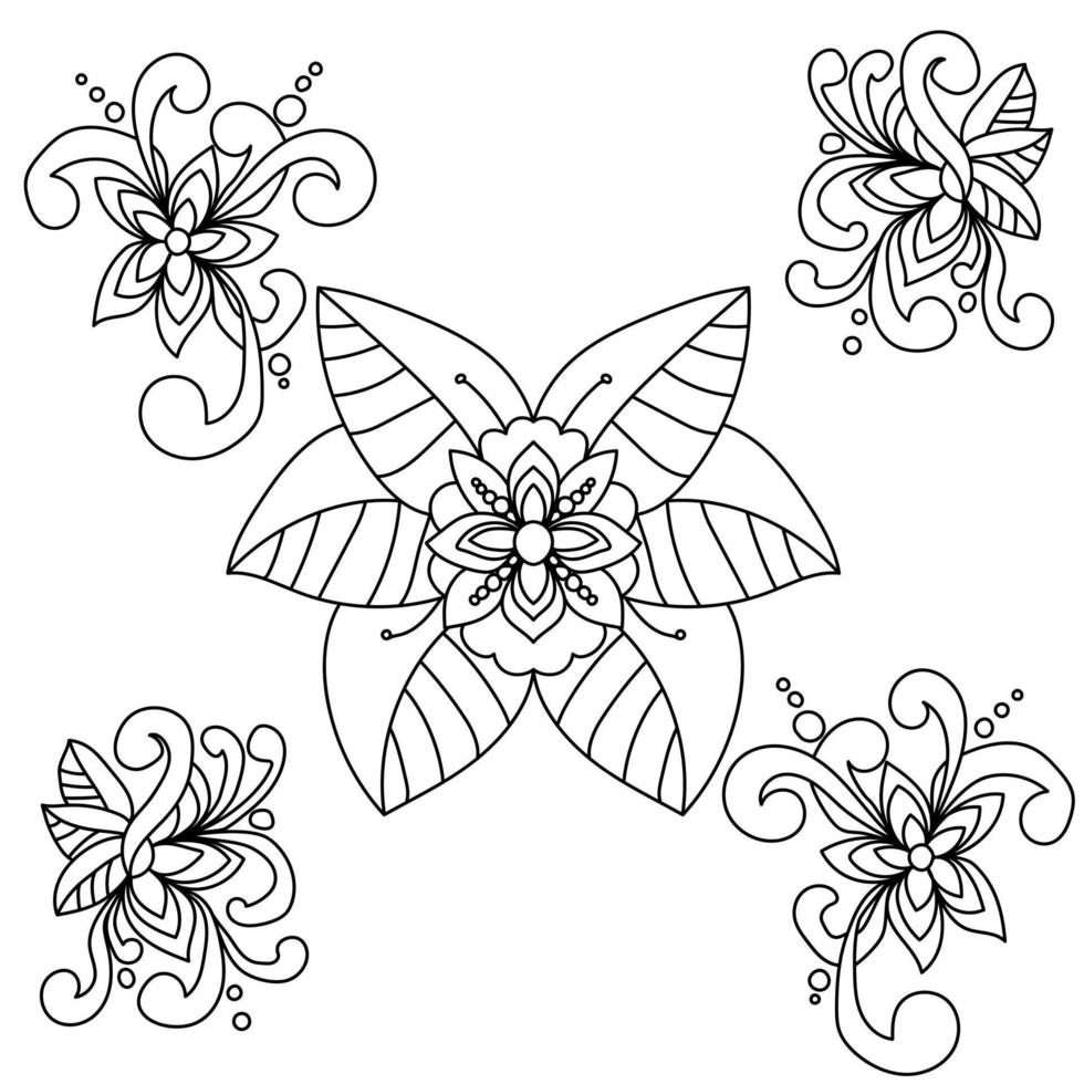 Set of fantasy doodle flowers with patterns and swirls, outline floral motifs for coloring pages or design vector