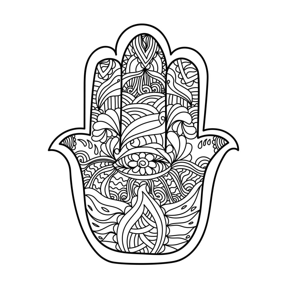 mano hamsa, amuleto simbólico, ilustración de esquema con patrones ornamentados vector