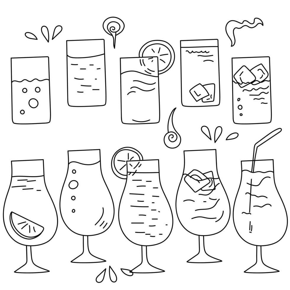 Set of doodle cocktails in different glasses illuminating contour drinks vector