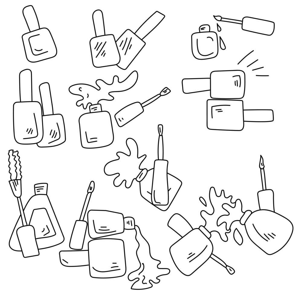 nail polish, doodle set of contour vector illustrations with closed and open jars of varnish