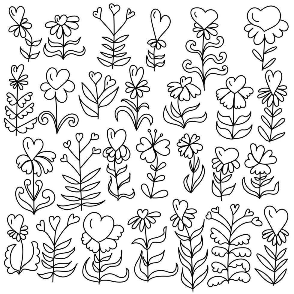 Set of fantasy doodle flowers with heart shaped petals, romantic outline herbs for design cards, invitations, coloring pages, etc. vector