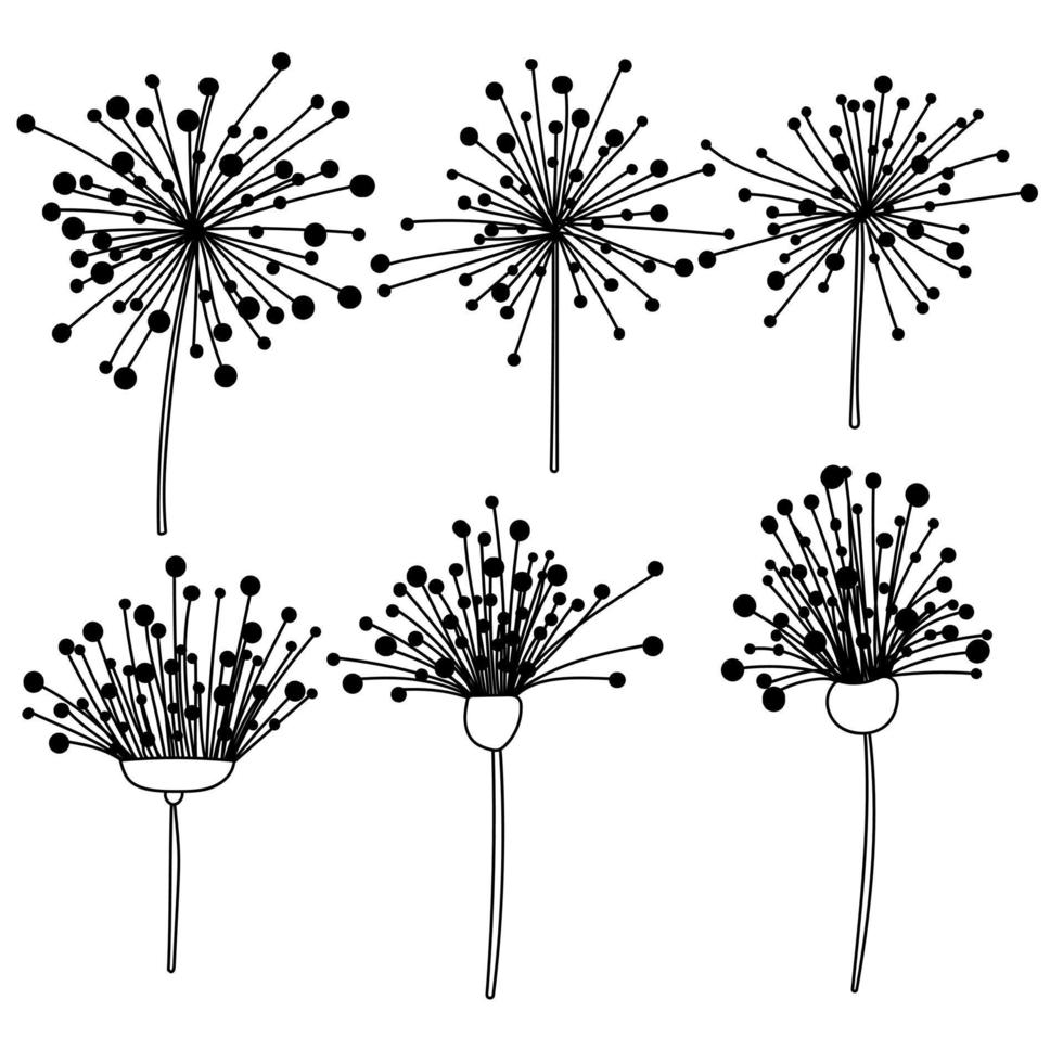 Doodle dandelions set, outline fantasy flowers for design cards, invitations, etc. vector