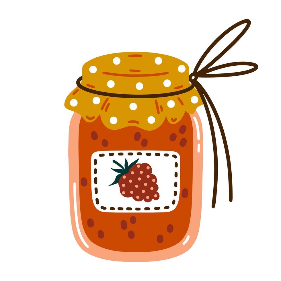 Raspberry jam vector icon. Sweet berry jelly in a glass jar with lid, label, tied with a rope. Delicious dessert made from ripe garden fruits. Flat cartoon style, homemade conservation. Summer clipart