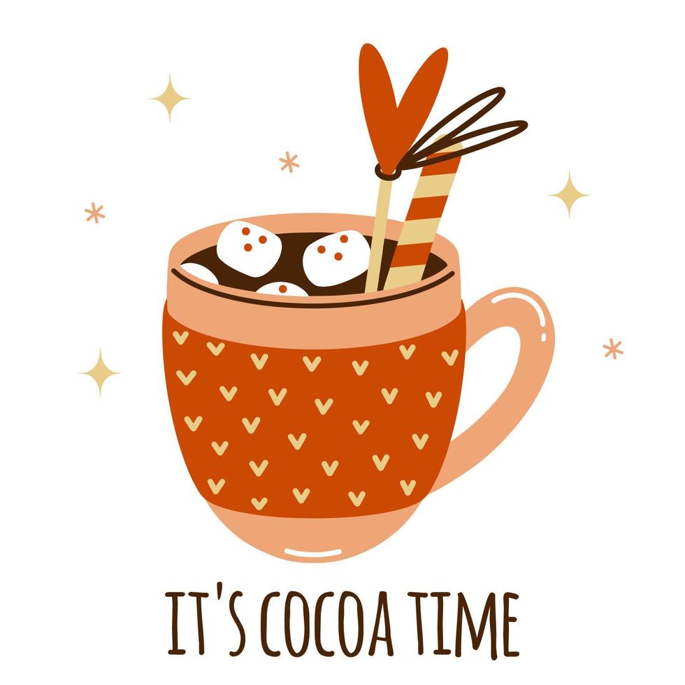 Hot cocoa in a mug vector icon. Tasty sweet drink with marshmallow, cream, candy. Ceramic cup in cozy knitted cover. Cute seasonal illustration in flat cartoon style. Festive clipart, colored doodle