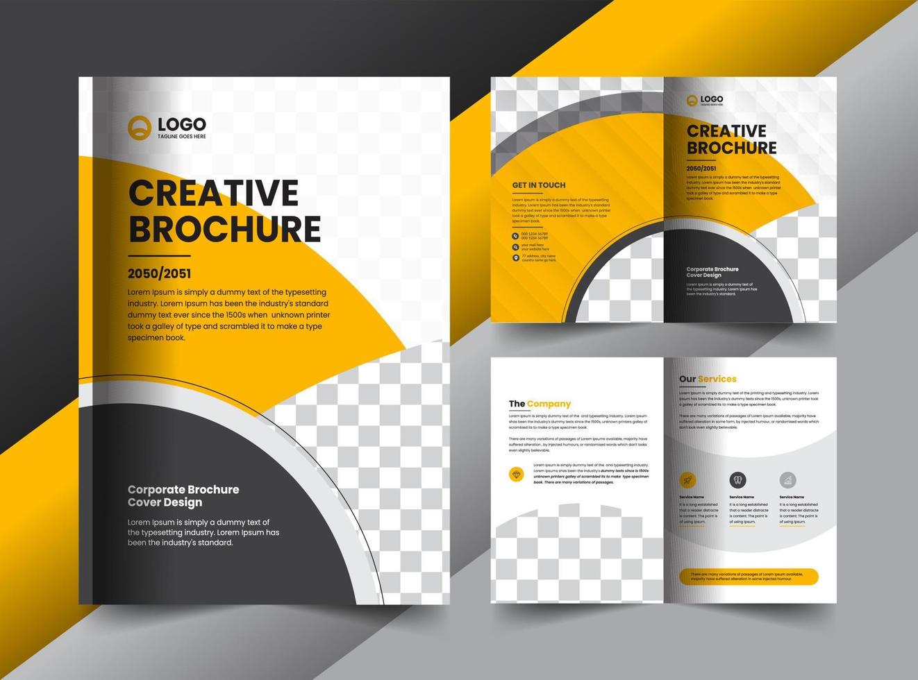 yellow corporate company business bifold brochure and cover layout concept design with creative shapes vector