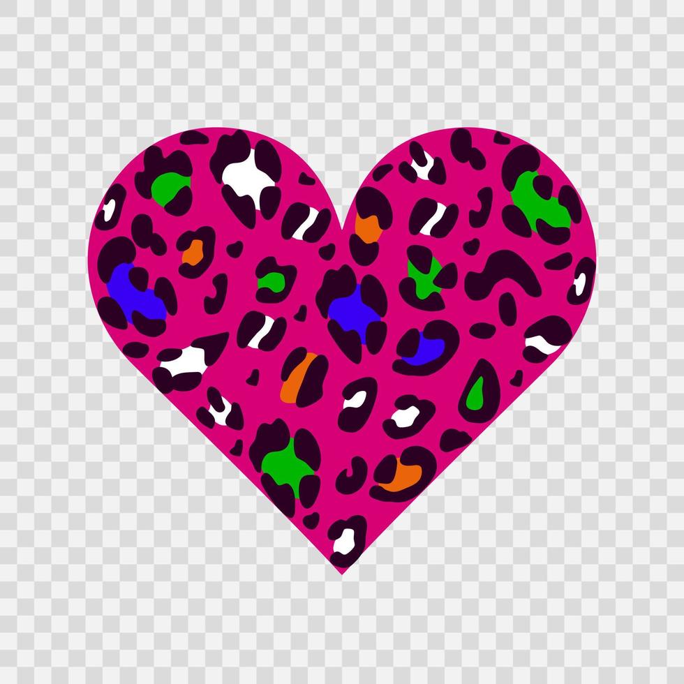 Bright multicolored leopard heart. Animalistic print. A symbol of love. Vector hand-drawn illustration.