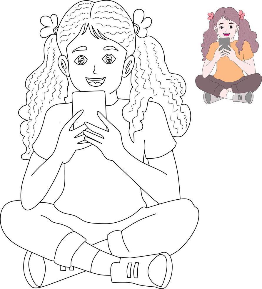 Girl holding a smartphone for coloring book vector