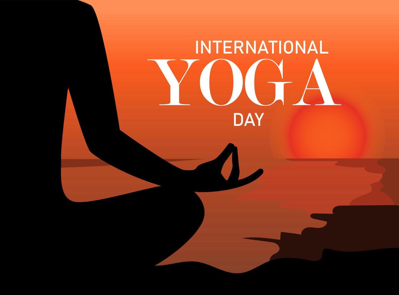 International Yoga Day. Silhouette of meditating person on the sunset. Vector banner