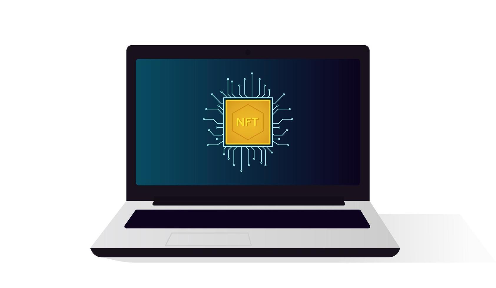Isolated laptop with non-fungible token image on the screen. Digital art concept. Vector illustration
