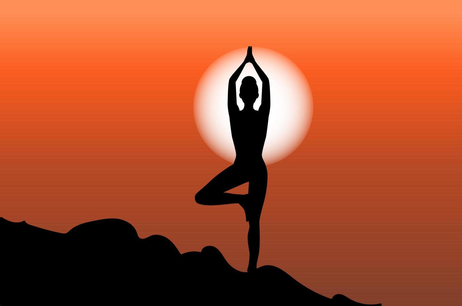 Yoga tree pose. Silhouette of woman practicing yoga on the sunset. Vector illustration