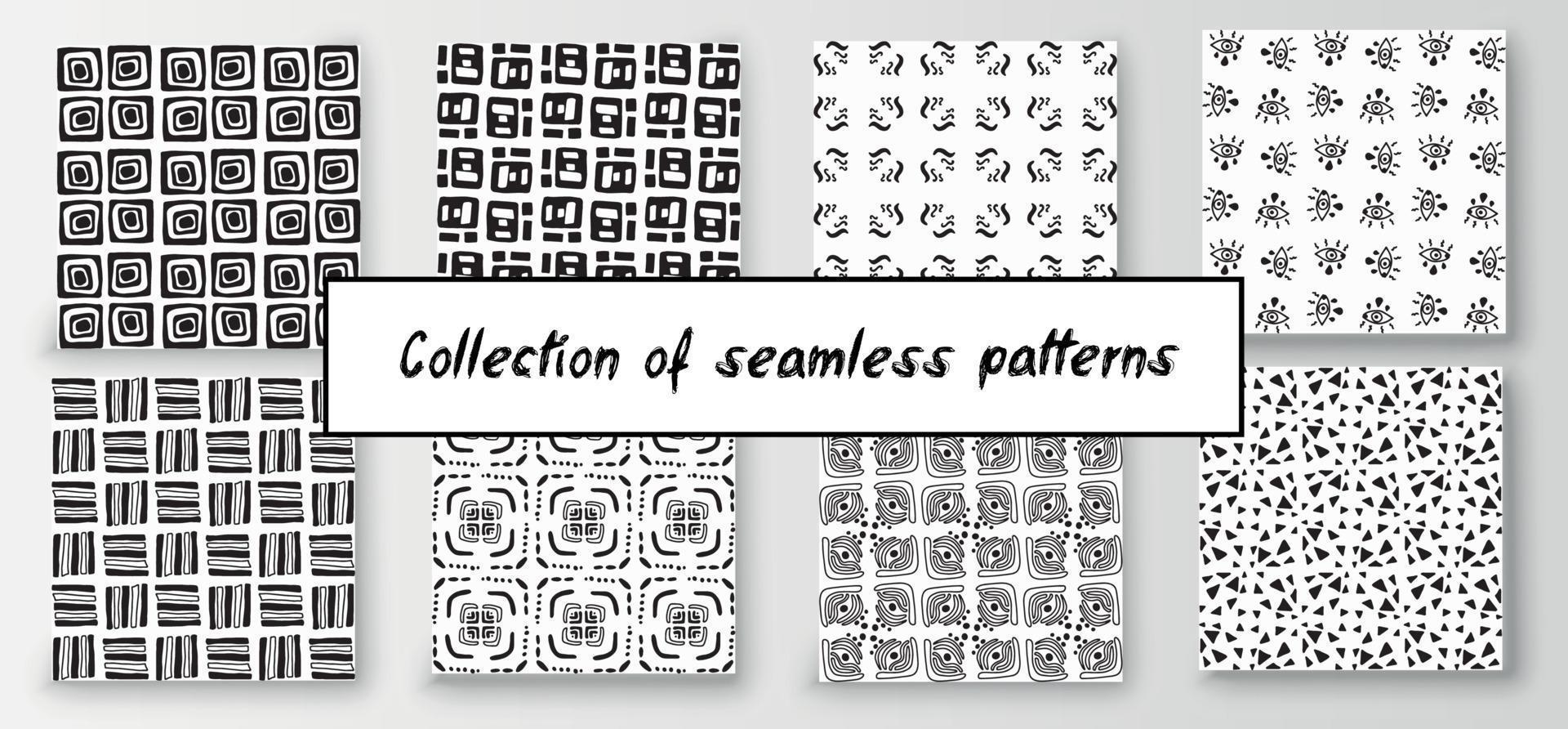 Set of seamless abstract geometric hand-drawn patterns. Modern creative background vector