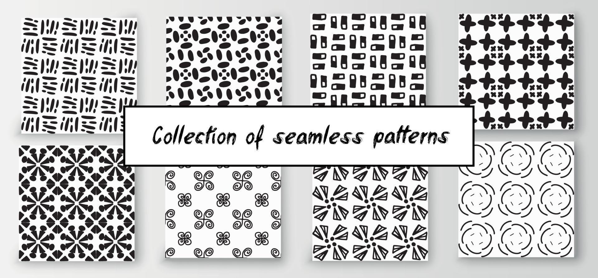 Set of seamless abstract geometric hand-drawn patterns. Modern creative background vector