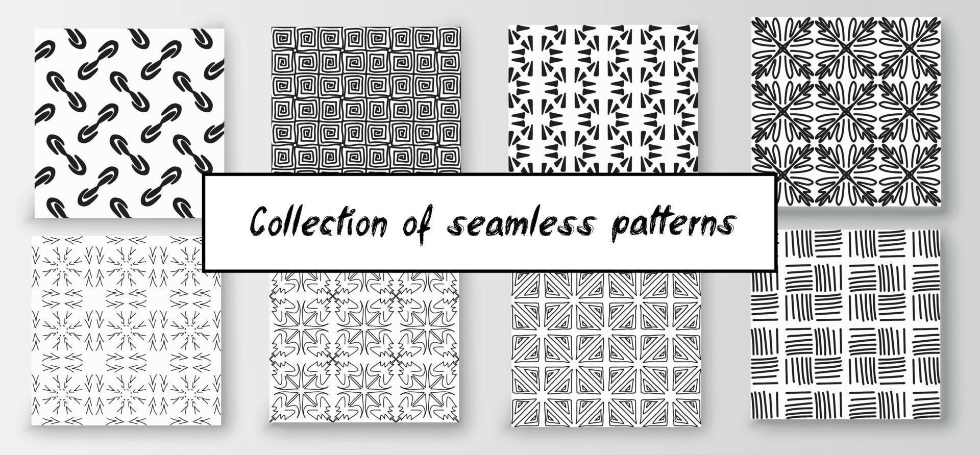 Set of seamless abstract geometric hand-drawn patterns. Modern creative background vector